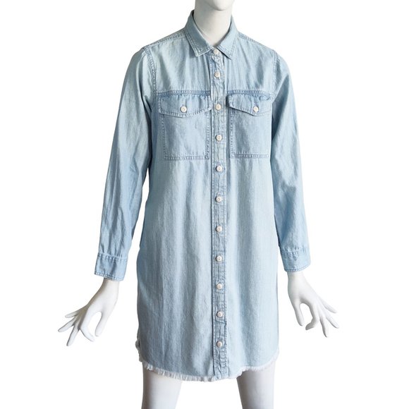 MADEWELL Western Coastal Grandma Light Wash Chambray Raw Hem Mini Shirt Dress XS - Picture 1 of 9